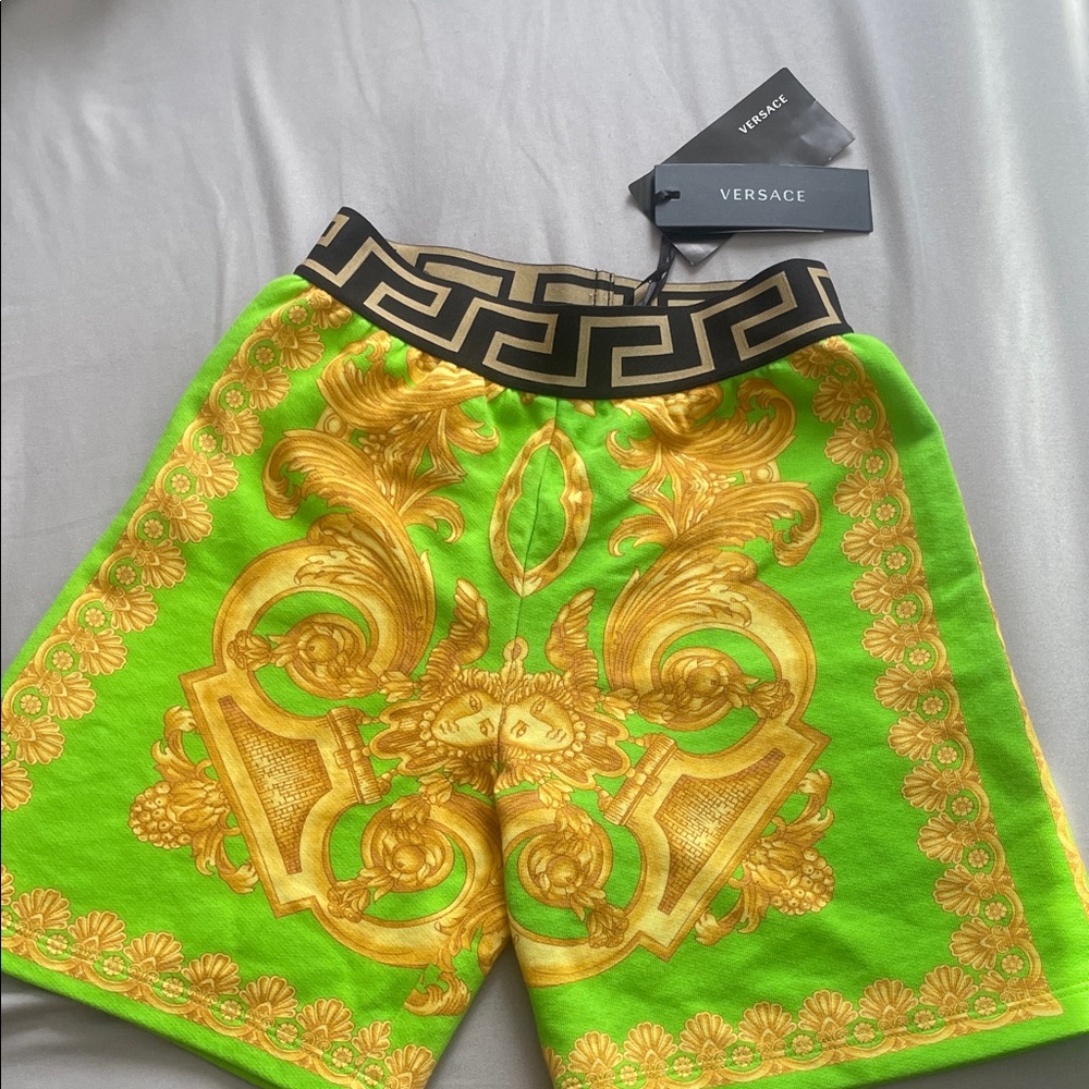 Versace Neon Green Shorts with Gold Accents